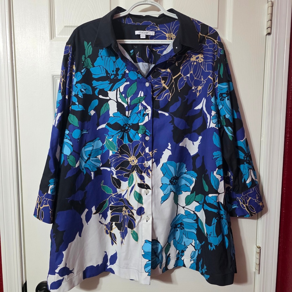 Chico's Women 18 XL Button Down Shirt Blue Floral Cotton Blend Blouse Top - Picture 2 of 6